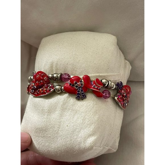 Vintage Silver Tone/Red/Purple Enamel Rhinestone Hat Charm/Bead Stretch Bracelet - Picture 8 of 12